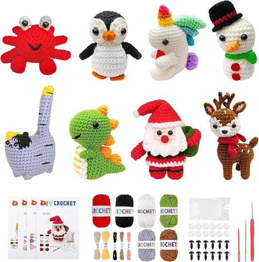 8Pcs Crochet Kit for Beginners, 2026 Great Christmas Gift for Crochet Lovers, DIY Craft for Adults and Kids, Crocheting Animal Kits with Step by Step Videos, Yarn, Crochet Hook, Birthday Holiday Gift