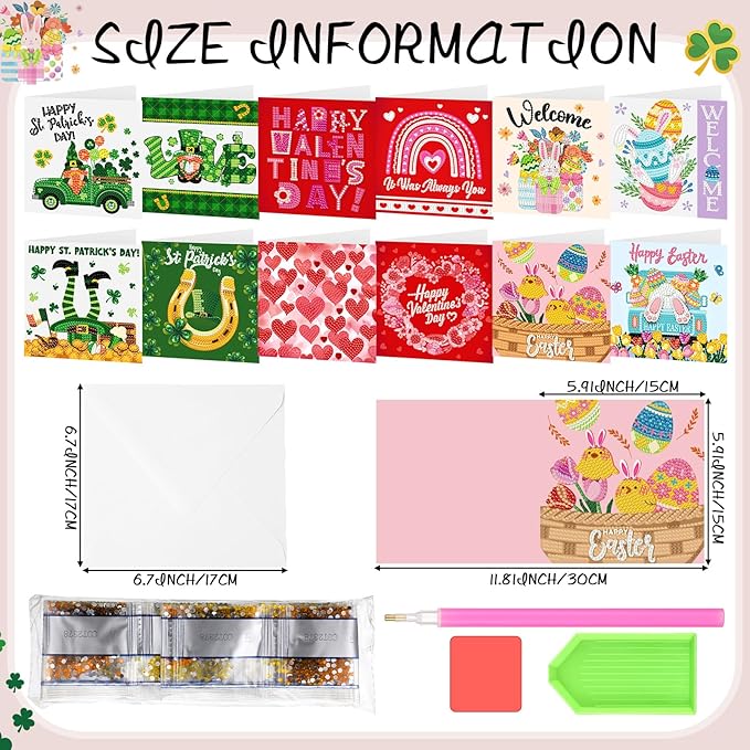 Saillong 12 Pack Valentines Diamond Painting Greeting Card Kits DIY Diamond Art Cards St Patricks Day Easter 5d Diamond Painting Cards with Envelopes for Adults DIY Crafts Family Friend Holiday Gifts