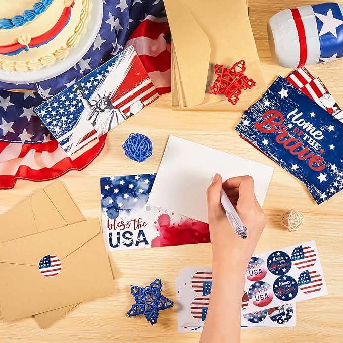 Seajan 200 Sets Patriotic Greeting Cards with Envelopes Stickers 4 x 6 Inch American Flag Blank Cards USA Thank You Note Postcards Bulk for Veteran's Day 4th of July Memorial Day