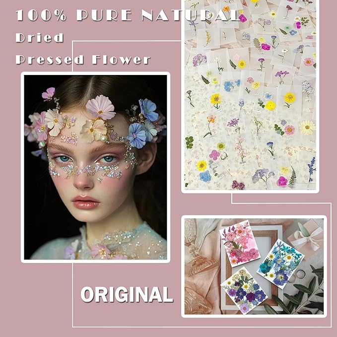 52Pcs Dried Pressed Flowers for Resin, Real Natural Bulk Assorted Dry Leaves Floral for DIY Art Crafts, Epoxy Molds, Jewelry, Soap, Candle Making, Nails Decors