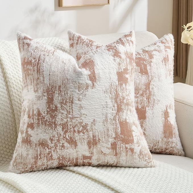 FUTEI Rust White Decorative Throw Pillow Covers 18x18 Inch Set of 2,Jacquard Weave Cushion Case in Soft Faux Cashmere,Modern Home Decor for Couch Living Room