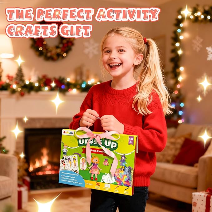 Dress-Up Cutting and Pasting Set, Paper Make Doll Clothes Craft Kit, 24 PCS Pretend Play Game for Girls, Outfit and Accessory Pieces, Mess-Free Travel Toys for Kids Ages 4-8