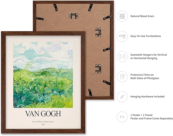 Monem Art Vintage Van Gogh Poster - Retro Impressionist Print - Green Wheat Fields, Auvers, Sky, Leaves, Landscape - Gift for Artist, Friend - Wall Decor for Home, Office, 16x20 Brown Framed