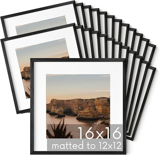 HAUS AND HUES 16x16 Black Metal Picture Frames Matted to 12x12 - Features Premium Aluminum & Hanging Hardware, Shatterproof Plexiglass - Ideal for Home, Room, Office (16x16 in, Black, Set of 25)