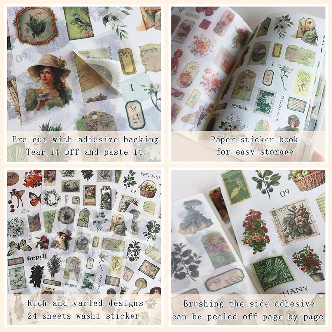 Vintage Stickers for Scrapbooking, Junk Journal - 24 Sheets Washi Sticker, Victorian Journal Stickers Book for Women, Self-Adhesive Scrapbook & Junk Journal Supplies (Green)
