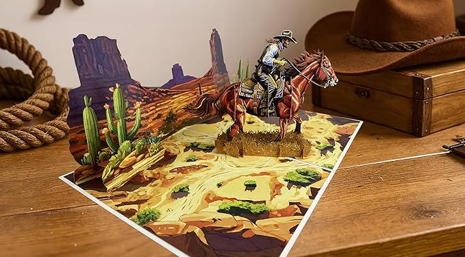 3D Pop Up Greeting Card – Handmade Cowboy on Horse Card – Texas Western Desert Scene – Birthday, Father’s Day, Retirement, Country & Rodeo Gift