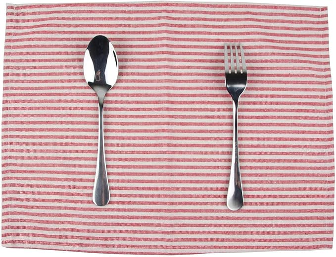 Plain Striped Cotton Linen Blended Dinner Cloth Napkins - Set of 12 (40 x 30 cm) - for Events & Home Use (Red)