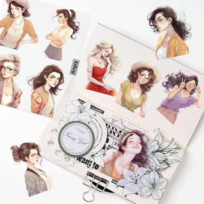 Scrapbook Stickers Set, 84Pcs PET Emotion Stickers for Journaling and Scrapbooking, Junk Journal Supplies, Aesthetic Transparent Materials, Ephemera People Women Ladies Planner DIY Arts Craft