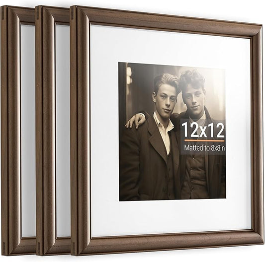 Heimlove 12x12 Picture Frame,12 x 12 Natural Solid Walnut Wood Square Frame with Tempered Glass,12"x12" Handcrafted Wood Frame Matted to 8x8 Photos for Wall Hanging Art Photo and Prints,3 Pack