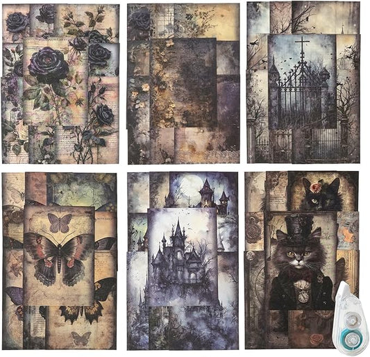 180Pcs Dark Fantasy Scrapbook Paper, Vintage Gothic Journal Ephemera Pack, Junk Journal Supplies for Scrapbooking Kit, with Glue Tape