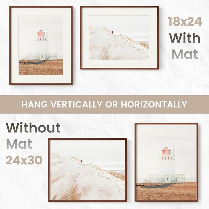 24x30 Poster Frame, USA-Sourced Natural Mahogany Wood Picture Collage Frame with HD Tempered Glass, Modern Simple 24 x 30 Wooden Photo Frame Matted to 18x24, Vertical & Horizontal Wall Hanging Display