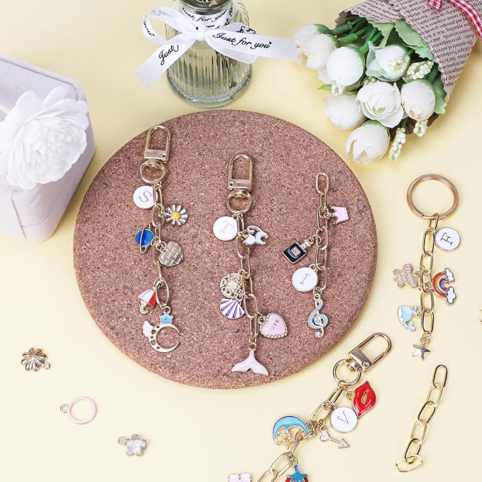 Starry 348Pcs Keychain Making Kit Bag Charm Kit 126 Charms 20 Keychain Clips with Key Ring Jewelry Plier,30 Extender Chain Swivel Snap Hooks Gold Charms 150 Jump Ring DIY Craft Supplies