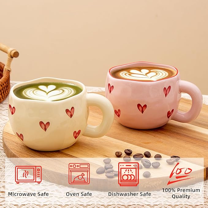 4pcs Cute Ceramic Coffee Mug, 9.4OZ Pink Yellow Porcelain Tea Mugs, Ceramic Hearts Cup Sets for Matcha, Dishwasher & Microwave Safe, Gift for women(Love)