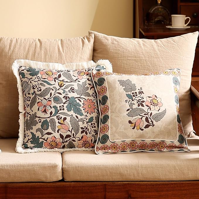 ISAENNE Design Square Linen Vintage Throw Pillow Covers 18"x18" Set of 4, Gray Green Farmhouse Cushion Covers with Silver Lotus Floral Pattern Decor Pillowcases for Bed,Living Room,Outdoor,Car