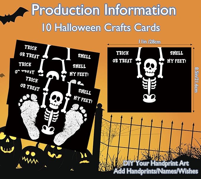 Footprint Art Craft Kit for My First Halloween, 10 Bulk 8.5x11 Inch DIY Card Making Supplies for Baby Shower Activities, Trick or Treat Smell My Feet Halloween Skeleton Party Decorations