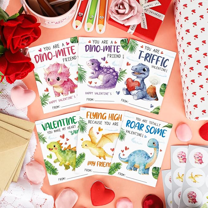 36 Pack Valentines Day Cards for Kids Classroom Dinosaur Valentine's Day Exchange Greeting Cards with Envelopes and Stickers for Kids Classroom School Party Favors 4.72 x 3.54 inch