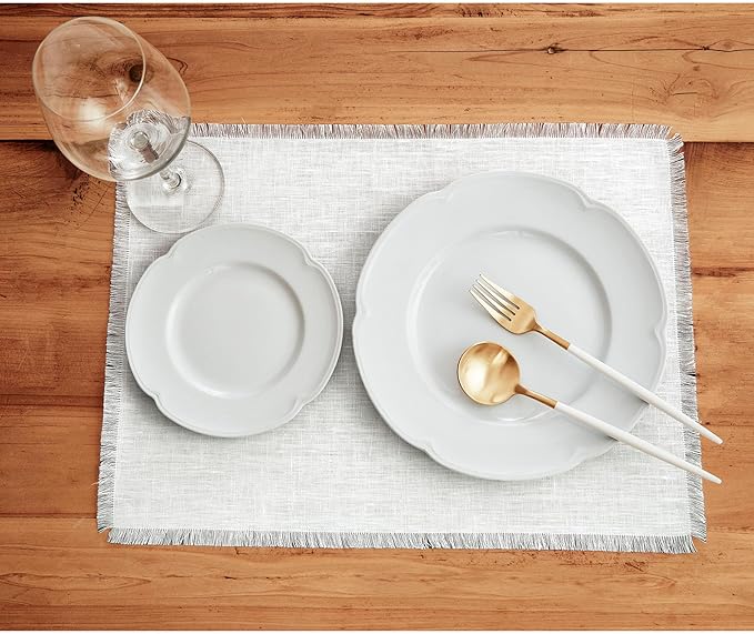 Solino Home Fringe Linen Placemats Set of 4 - White Placemats 14 x 19 Inch - 100% Pure Linen Table Mats for Winter, Valentines, Spring, Easter