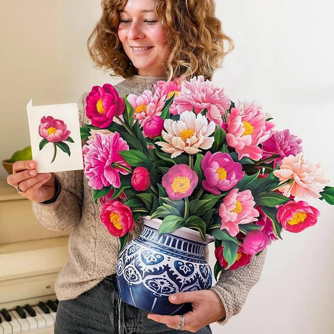 Freshcut Paper Pop Up Cards, Grande Peony Paradise, 18 Inch Life Sized Forever Flower Bouquet 3D Popup Greeting Card, Birthday Cards, Thank You Card, Blank Notecard & Envelope
