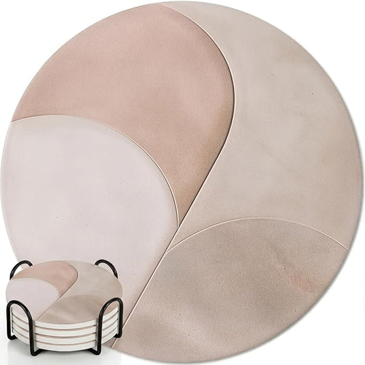 VEYRO Ceramic Coasters Set of 4 – Absorbent Stone Drink Coasters with Holder, Non-Slip Cork Backing, Modern Marble Look Coasters for Coffee Table, Desk & Home Decor