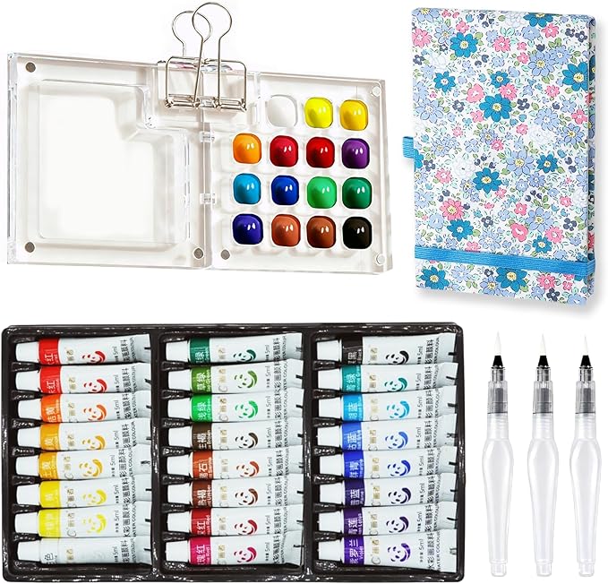 Mini Portable Watercolor Palette Set-Grid Paint Box with Binder Clips Include 24 Colors Paint - Brush*3 and Picture Album Art Materials Coloring Markers (Blue Acrylic-L)