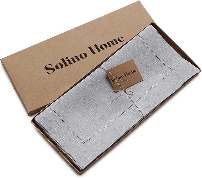 Solino Home Linen Soft Grey Table Runner 36 Inches - Classic Hemstitch, 100% Pure Linen Coffee Table Runner 14 x 36 Inch Ideal for Dresser Tables - Winter, Spring, Easter