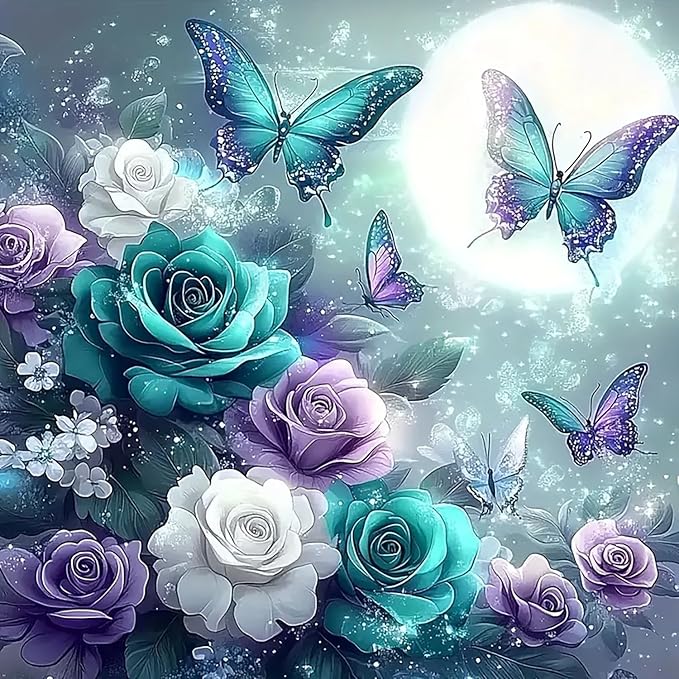 Flower Butterfly Moon Diamond Painting Kits for Adults, 5D Diamond Art Kits for Adults Beginners, DIY Full Round Drill Diamond Dot Painting Gem Art Kits for Adult, Home Wall Decor 13.8x13.8 Inch