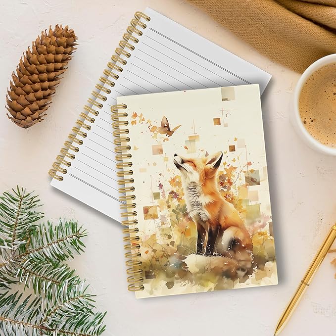 Fox Journal Notebook - Vintage Butterfly Floral Aesthetic Notebooks College Ruled for Work School, Fox Themed Gifts for Women, Office Supplies, Hardcover Spiral Notebook 5.5"x8.3"