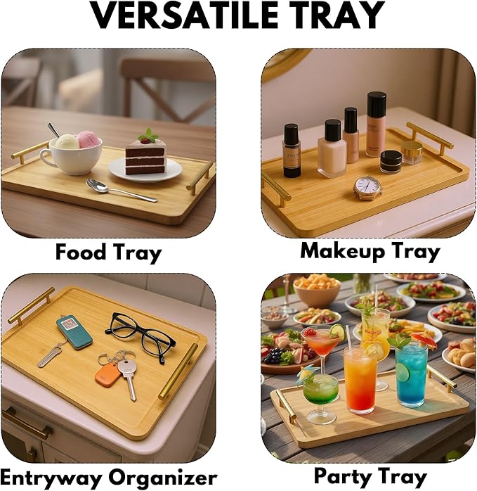 2 Pack Bamboo Serving Tray with Handles, 15.8×11.4“ Solid Wooden Tray for Food, Rectangular Tray for Ottoman, Coffee Table, Living Room