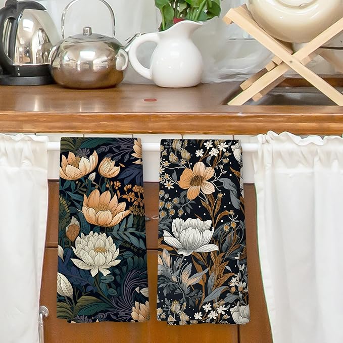 Retro Boho Floral Decor Kitchen Dish Towels Set of 2, Vintage Bohemian Flower Decor for Kitchen Bathroom, Botanical Black Landscape Hand Towels Tea Towels Farmhouse Decorations, 16x24inch