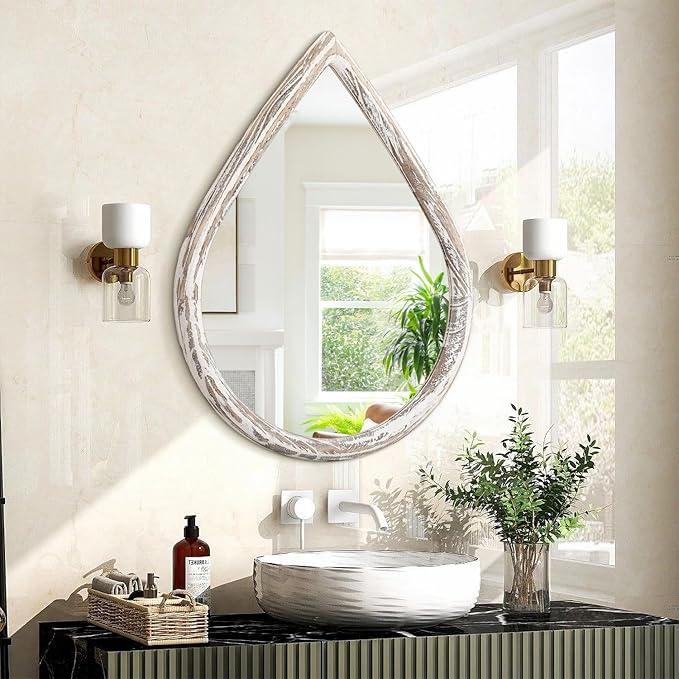 Farmhouse Wall Hanging Mirror Drop Shaped Mirror with Wood Framed Wall Mirror Vintage Decor for Bedroom Living Room Bathroom Entryway