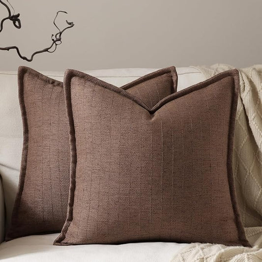 18x18 Linen Pillow Covers Brown Pack of 2 Farmhouse Boho Neutral Accents Striped Textured Square Decorative Throw Pillow Cases for Living Room Couch Bed Home Decor