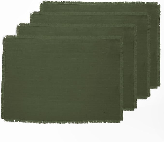 Solino Home Linen Fringe Cloth Placemats Set of 4-100% Pure Linen Desert Green Placemats 14 x 19 Inch for Winter, St Patricks Day