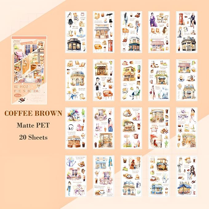 Scrapbook Sticker Book, 20 Sheets Journaling Stickers, Junk Journal Supplies, Pre-Cut Aesthetic PET Materials, Watercolor Scrapbooking Stickers for Adults, Decorative Ephemera DIY Arts Craft