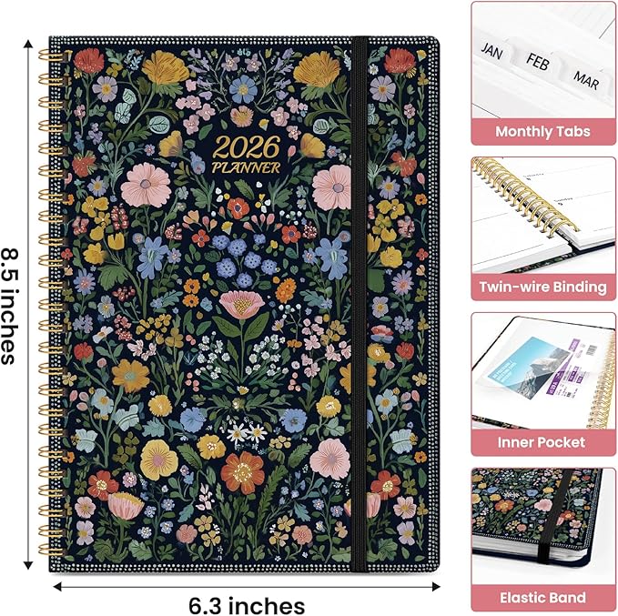 2026 Planner, Monthly and Weekly Calendar Planner for Women, Jan 2026 - Dec 2026, Hardcover Pretty 2026 Agenda Planner Book with Tabs, Spiral Bound, Perfect for School Office Home Supplies, 6.3" x 8.5" - Garden of Whimsy