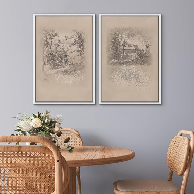SIGNWIN Framed Canvas Print Wall Art Set Countryside Home and Trees Sepia Landscape Drawings Illustrations Modern Art Scenic Colorful for Living Room, Bedroom, Office - 24"x36"x2 White