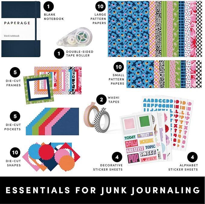 PAPERAGE Junk Journal & Scrapbook Kit, Hardcover Blank Journal Notebook, 20 Patterned Papers, 8 Sticker Sheets, 20 Die-Cut Shapes, 2 Washi Tapes & Tape Roller, Creative Journaling Supplies - Navy