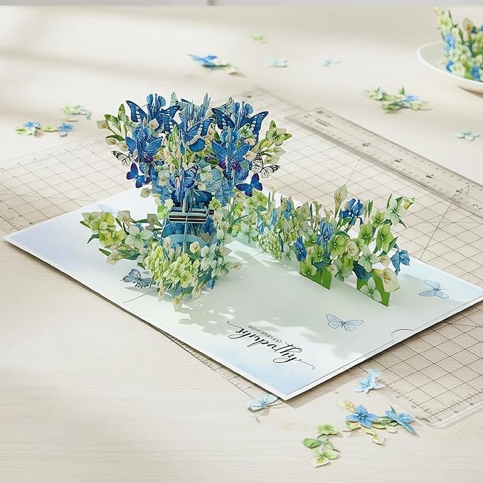 Sympathy 3D Pop-Up Card Hydrangea Flowers and Butterflies, Handmade Paper Condolence Card with Notecard and Envelope, Large Pop Up Greeting Card for Loss of Loved One, Mother, Father, Friend