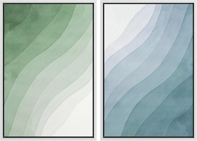 SIGNWIN Framed Canvas Print Wall Art Set Pastel Watercolor Green Blue Wave Collage Abstract Shapes Illustrations Modern Art Minimal Boho Colorful for Living Room, Bedroom, Office - 24"x36"x2 White