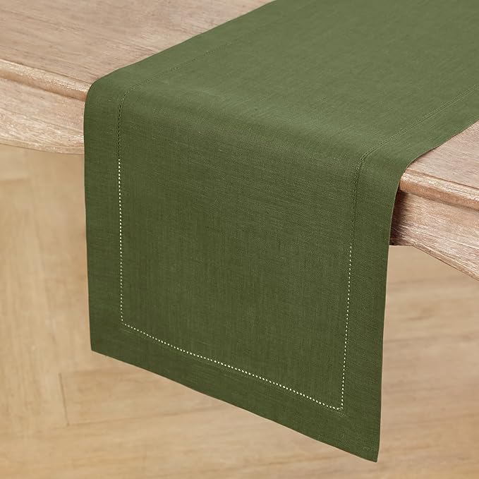 Solino Home Linen Olive Table Runner 120 Inches Long - 100% Pure Linen Hemstitch 14 x 120 Inch Table Runner for Dining, St Patricks Day - Classic Hemstitch