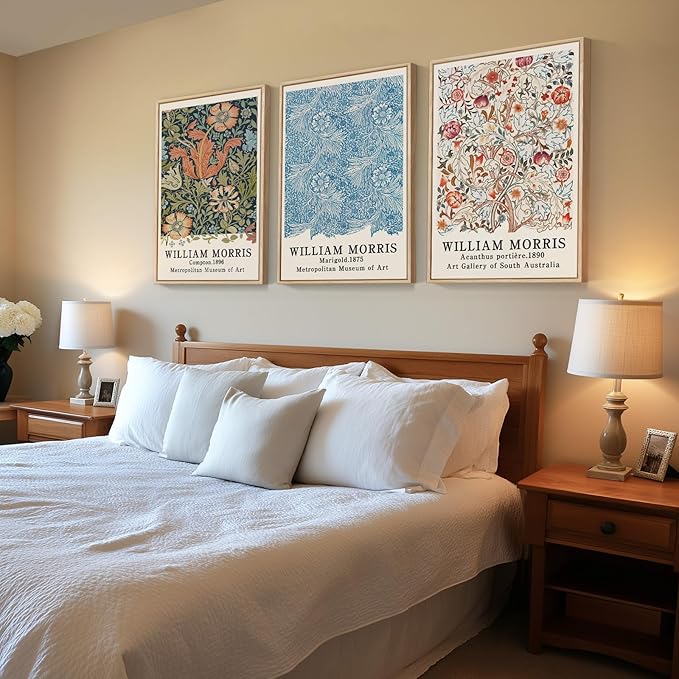 Framed Large William Morris Wall Art, Set of 3 Vintage Colorful Floral Canvas Prints Wall Art Decor, Aesthetic Botanical Painting for Living Room, Bedroom, Hallway, or Office Decor, Total Size 30x60