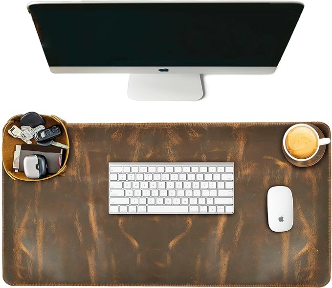 LEATHER VILLAGE Real Leather Desk Pad (3mm) Thick Double Layer Desk Mat Cover Blotter Large Full Grain Protector for Keyboard, Mouse & Laptop – Office Table Mat & Desktop Accessories–(32''x16'')-Brown