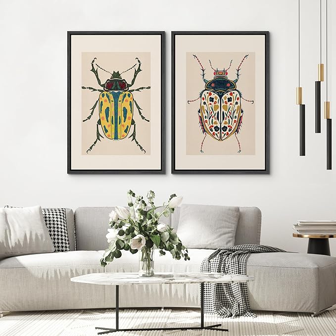 SIGNWIN Framed Canvas Print Wall Art Set Colorful Beetle Vintage Insect Illustrations Modern Art Minimal Boho Colorful for Living Room, Bedroom, Office - 16"x24"x2 BLACK
