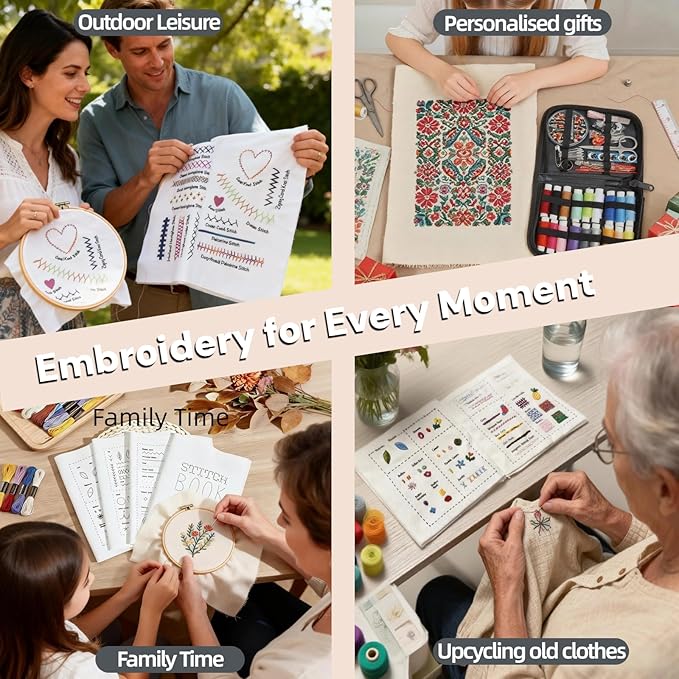 2026 Upgraded Embroidery Stitch Book & Complete Kit for Beginners | Includes 86 Tools,63 Water-Soluble Patterns & 106 Designs with Instructions | Portable Craft Set for Adults & DIY Lovers