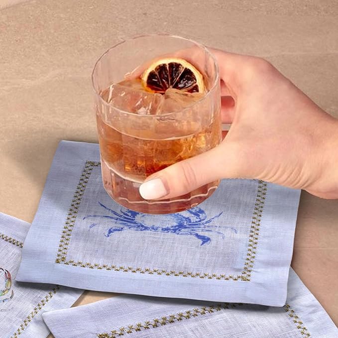 Cocktail Napkins Set of 6, 6x6 inch, 100% Linen, Printed Animal Pattern, Reusable & Washable Cloth Coasters for Beverages, Hosting, Gifting & Everyday Use (Crab)