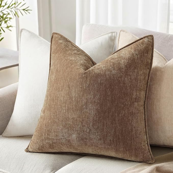 decorUhome Spring Couch Euro Sham Throw Pillow Covers 24x24 Set of 2, Decorative Soft Velvet Neutral Chenille Pillow Covers with Elegant Design for Sofa Bed Living Room Home Decor, Brown