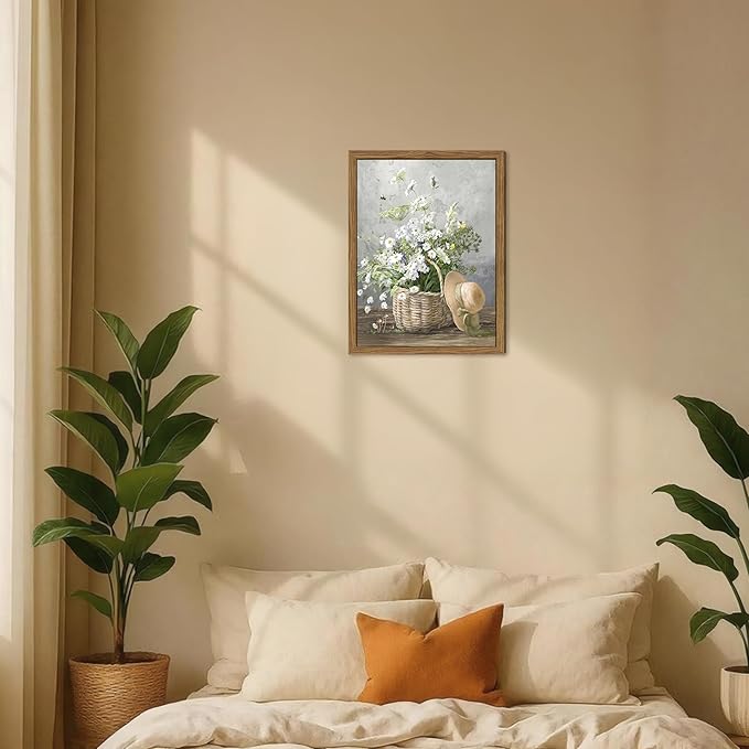 Framed Rustic Daisy Canvas Wall Art, Vintage Farmhouse Floral Pictures Wall Decor, Country Flower Botanical Paintings Prints Aesthetic Home Decor for Living Room Bathroom Bedroom 16X24 inch
