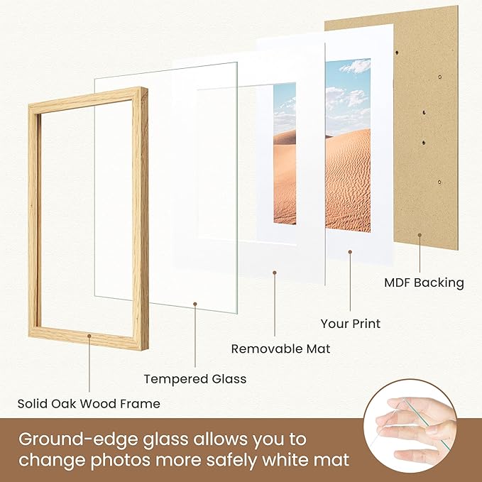 Dreamland 18x24 Picture Frame, Natural Oak Wood Poster Frame with Mat for 16x20, 18 x 24 Matted Picture Frames with Tempered Real Glass for Wall Art Photo and Prints, Oak Color, Set of 1