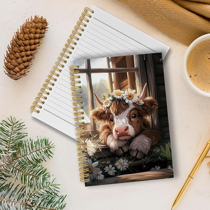 Highland Cow Journal Notebook - Western Farmhouse Floral Notebooks College Ruled for Work School, Highland Cow Gifts for Women, Western Office Supplies, Hardcover Spiral Notebook 5.5"x8.3"