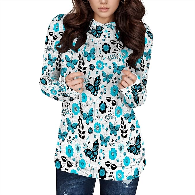 Hooded Sweatshirt Women Fall Butterfly Sweatshirts Lightweight Long Sleeve Pullover Tops Trendy Outfits Plus Size