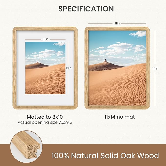 Dreamland 11x14 Picture Frame, Solid Oak Wood Photo Frame with Mat for 8x10, Round Corner 11 x 14 Matted Picture Frames with Resistant Plexiglass for Wall Mounting or Tabletop, Oak Color, Set of 1